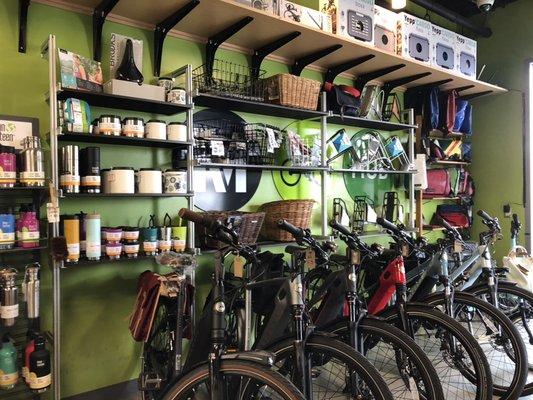 Interior of The Bike Center retail space, Gazelle bikes, Klean Kanteen, Freitag bags, Basil & Wald baskets, Axiom racks, Yepp.