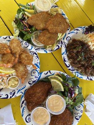 Stuffed fish fillet, bbq pork, fish & chips, coconut shrimp