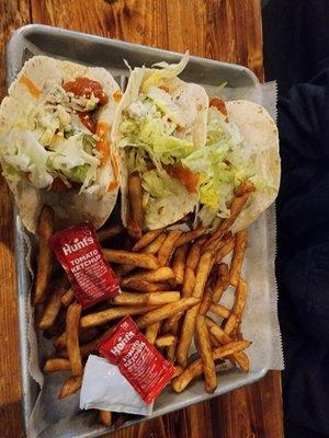 Buffalo chicken tacos with seasoned fries