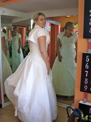 Getting fitted for my dress at Atherton Cleaners. Angela took the photos too to help me see what it looked like.