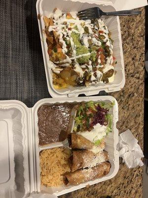 Flautas con Pollos y Super Nachos Carne Asada