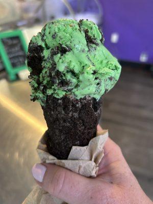 Mint Oreo ice cream on Oreo cone