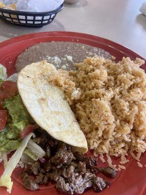 Chalupa with steak, additional $2 for steak on the Saturday lunch menu. Rice & beans were super good