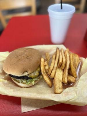 #10. Cheese, Lettuce, Tomato, Pickle, Onion & Mustard Cheeseburger with French Fries and 16 oz. Soft Drink