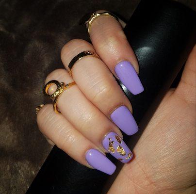 My pastel purple coffin-shaped gel nails with gold foil accents (by Angelica).