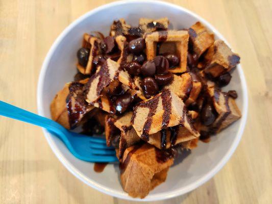 Chocolate peppermint protein waffle, dark chocolate chunks, dark chocolate covered espresso beans, chocolate drizzle