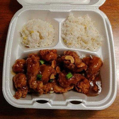 Cashew Chicken to-go with double rice instead of the wonton that normally comes with it.