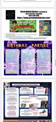 Here is information for our Birthday Parties, and our hours we are OPEN at Great United Skates