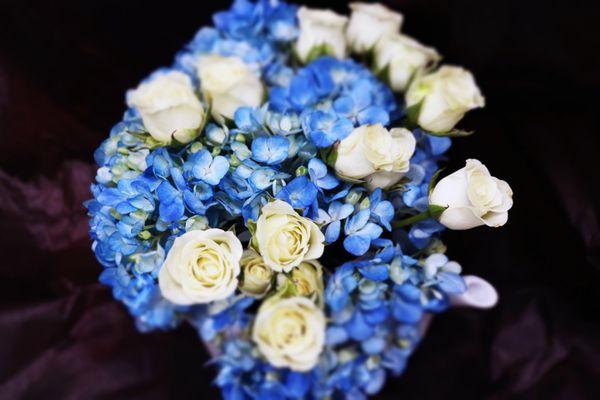 Flowers, Naturally! - blue hydrangeas and white spray roses, in a custom flower arrangement, hand-delivery in NYC on the same day!