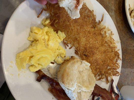 Hash Browns, eggs, bacon, biscuits