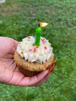 Vegan funfetti cupcake with vanilla frosting.