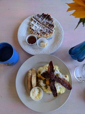 Cloudy eggs and bacon with Belgian waffle