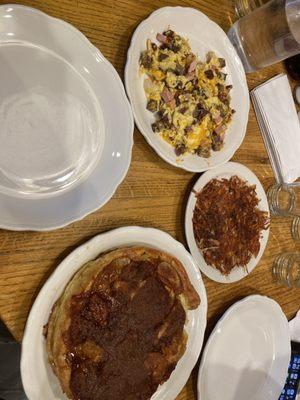 Apple Pancake, hash brown, meat lovers eggs