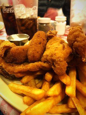 Fried Flounder plate (small) with hush puppies, French fries and baked apples