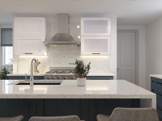 Contemporary kitchen island with waterfall edge