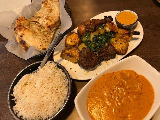 Garlic Naan, Tandoori Platter with spinach n' potatoes, Chicken Tikka Masala, and Rice