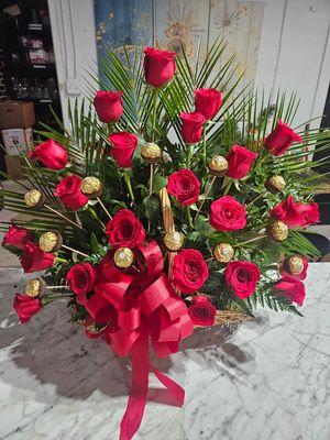 Red rose and Ferrero Rocher chocolates Fireside basket