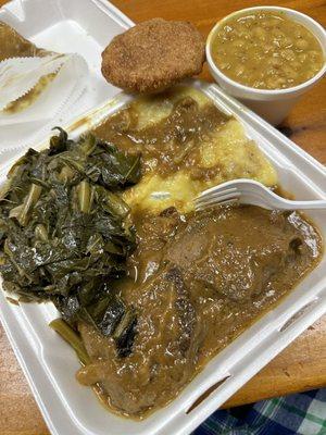 Delicious Beef Liver (Tuesday, Thursday Only), collard greens, white beans, mashed potatoes, and a hot water roll.