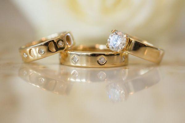 Matching Custom Engagement Ring and Wedding Bands, showing different phases of the moon.