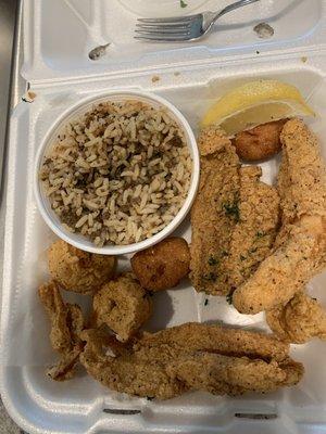 Chicken fried catfish and shrimp combination. Tasty.