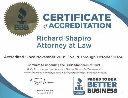 Better Business Bureau Certificate of Accreditation 2024