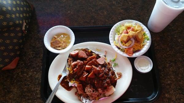 Lunch combo: baked spud, one side and a drink