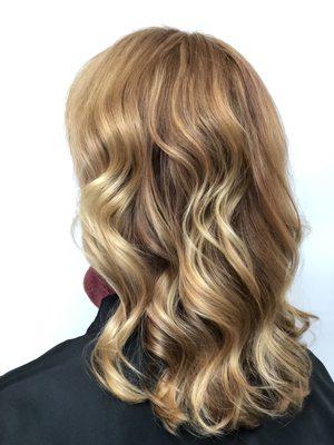 Red base color and blonde balayage