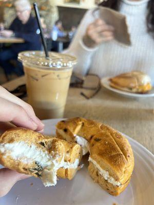 Cheddar Jalapeño Bagel and Iced Vanilla Latte