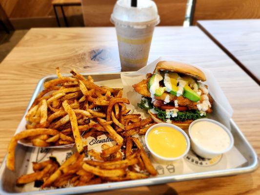 Bacavo Chicken Sandwich, regular fries with Cajun seasoning, cookies & cream shake