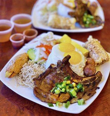 #34 Cơm Tấm: Broken rice w/ BBQ pork chop, pork skin, sugarcane shrimp, pork cake, beancurd shrimp, meatballs | $16.50+$1.50 egg