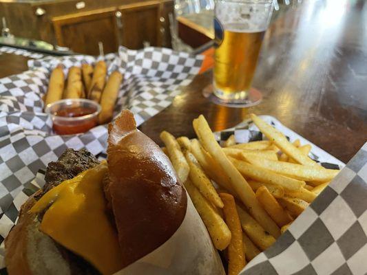 Cowboy Burger w/fries and lumpia.