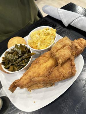 Fish and chicken with greens, mac and cornbread