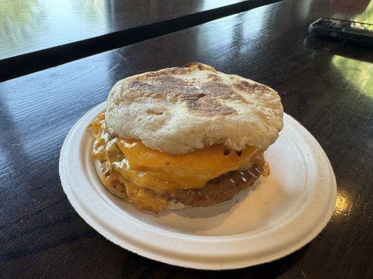 Wibble - sausage, egg, cheddar on English muffin.