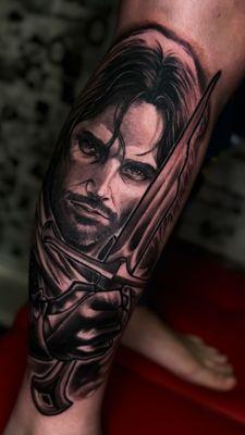 Black and grey realism, Anduril, Aragorn, black and grey portrait tattoo