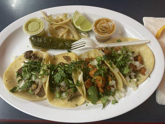 2 lengua tacos, 2 adobada tacos