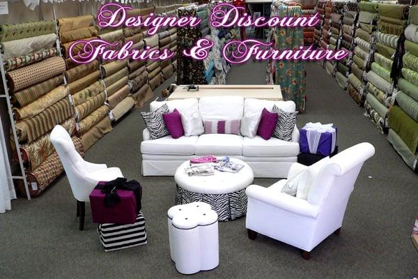 Entrance and sitting area in the store! Find thousands of fabrics, furniture and drapery items for your home!