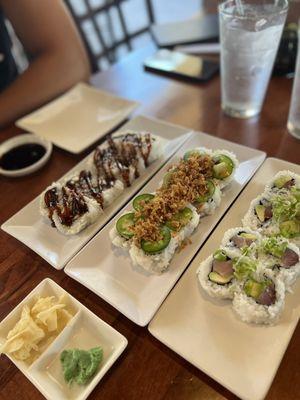 Salmon skin/ Vegetable Roll with crunchies and jalapeño/ yellowtail wiith avocado and scallions