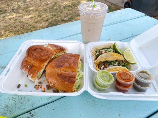 Asada Torta, Birria Beef Tacos, Horchata