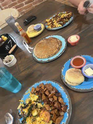 Garden scramble, pancakes, belly robber scramble