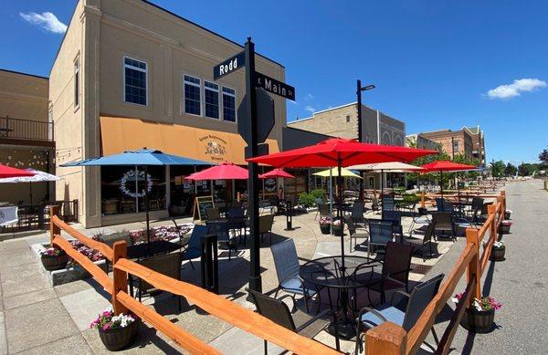 Summer 2021 Expanded patio on a summer long closed Main St.