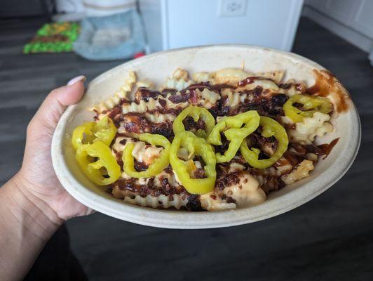 Dirty fries - cheese sauce, bacon, banana peppers, chipotle bbq