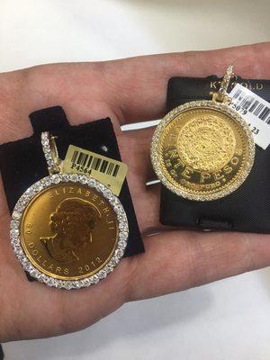 Gold coins with diamonds bezels!