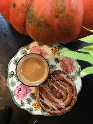 Espresso with an Au Fournil cinnamon maple bun