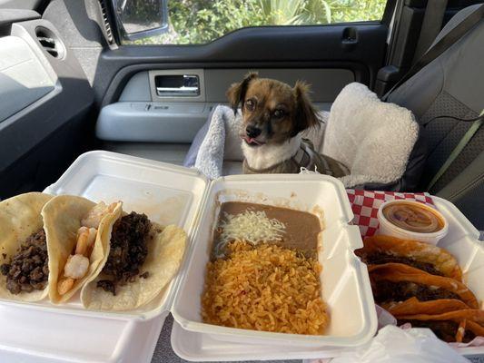 Tacos: Carne asada, Shrimp, Barbacoa, and Queso Birria. Rice and beans