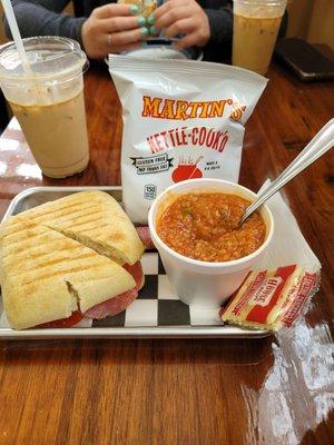 Italian panini, stuffed pepper soup and iced carame latte.