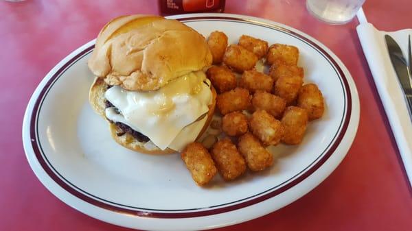 Mushroom & Swiss burger with tater tots