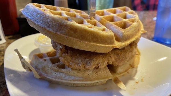 Chicken and waffles.  The initial presentation.