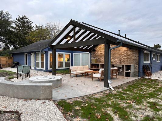 Patio, pergola, outdoor kitchen, and fire pit area from MP.