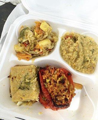 mixed veggies, quinoa soulfe, stuffed peppers and plantain pastelon