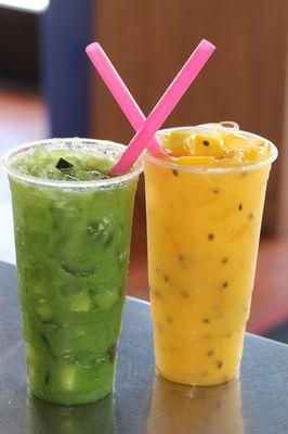 Passion Fruit Mango  And cucumber, lime, spinach Frescas.